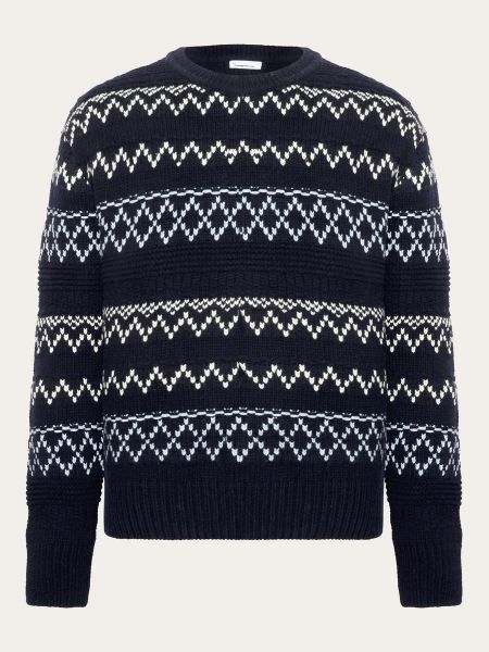 Pull en laine certifiée | bleu "knitted pattern crew neck blue stripe"