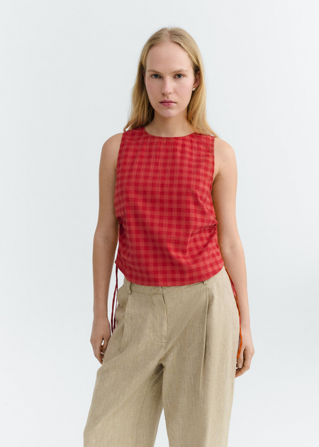 Top seersucker en coton bio | rouge "red checks seersucker florence top" - Thinking Mu