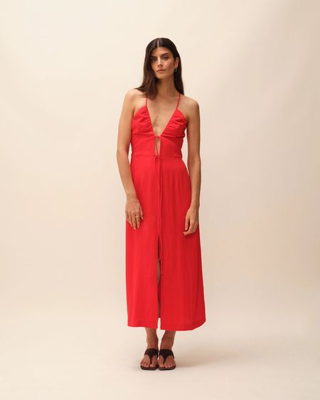 Robe en ecovero | rouge "robe longue à liens tania" - Nitah