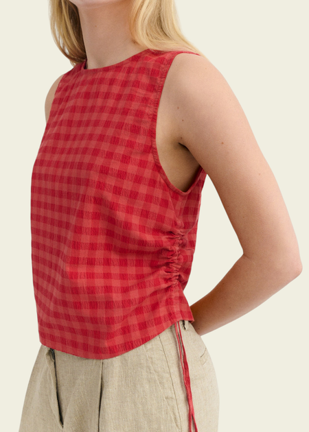 Top seersucker en coton bio | rouge "red checks seersucker florence top" - Thinking Mu