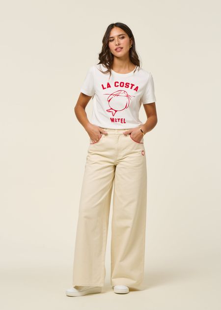 Pantalon large denim en coton bio | écru "pannacota hedda pants" - Thinking Mu