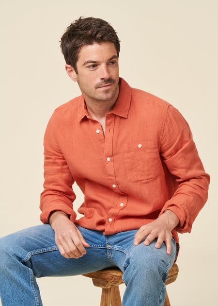 Chemise en lin biologique | rouge "regular linen shirt langoustino" - Knowledge Cotton Apparel