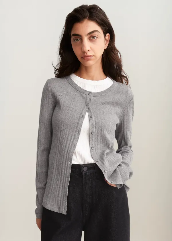 Cardigan léger pointelle en coton bio | gris "Pointelle cardigan - silver melange", Armedangels