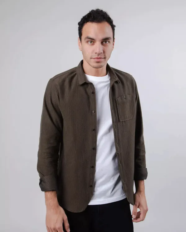 Chemise en flanelle de coton bio | kaki foncé "two tones regular shirt khaki", Brava Fabrics