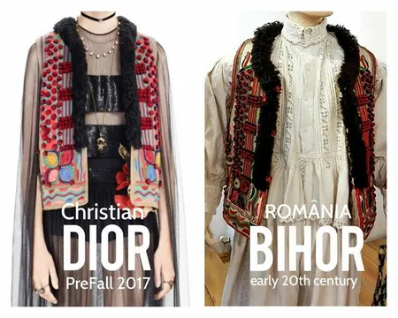 Comparaison entre le modèle présenté par Dior en 2017 et les tenues traditionnelles roumaines, datant du début du XX° siècle.