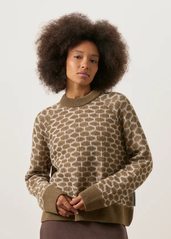 Pull en mélange de laine recyclée et bio | beige et marron "Wool multi dots knit sweater - claystone melange-oatmilk", Armedangels
