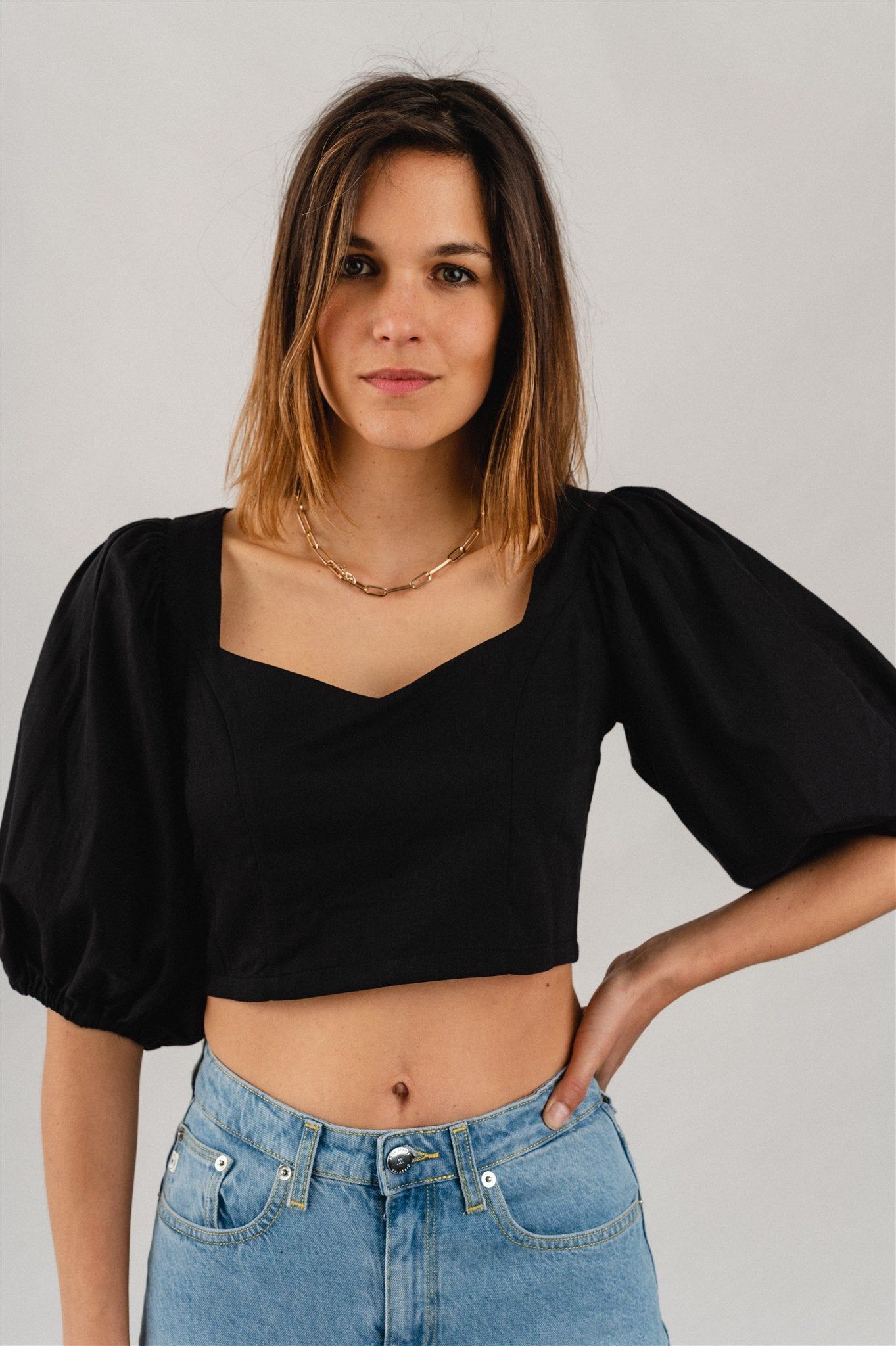 Blouse manches bouffantes noire en coton bio - madalena black, Jan'n June, photo 5