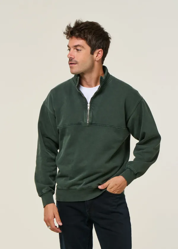 Sweat col zippé en coton biologique | vert "organic quarter zip - midnight forest", Colorful Standard