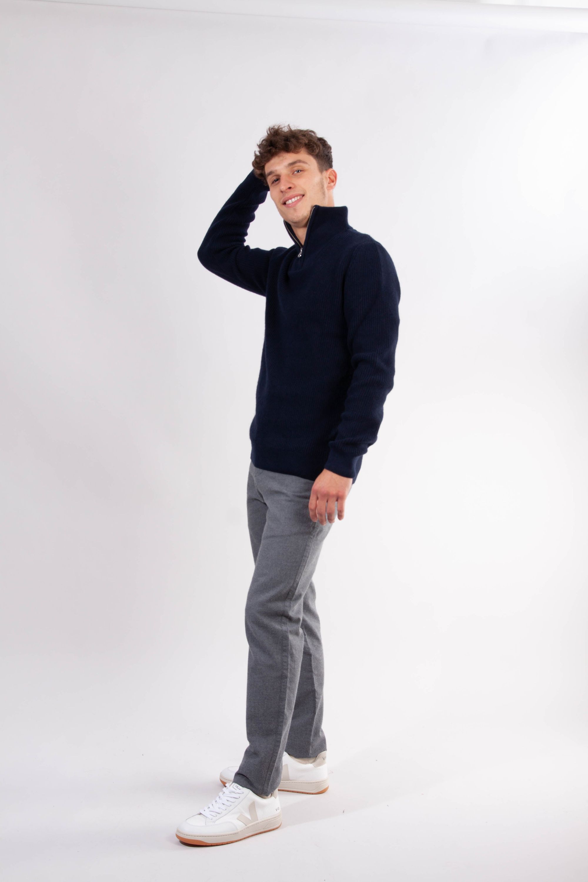 Pull col zippé marine en coton et laine bio - valley, Knowledge Cotton Apparel, photo 2