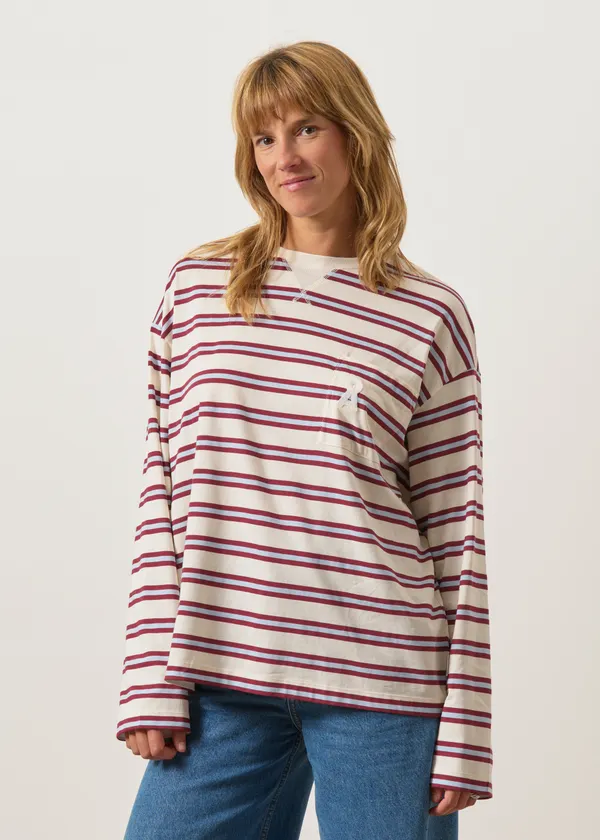 T-shirt oversize en coton bio | rayé "Iconic å fietaa stripe ls | undyed-velvet red-soft blue", Armedangels