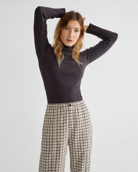 T-shirt manches longues col cheminé marron en coton bio - aine