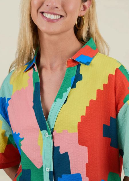 Blouse en seersucker coton bio et lyocell | multicolore "Maxi flower oversize cropped blouse" - Brava Fabrics