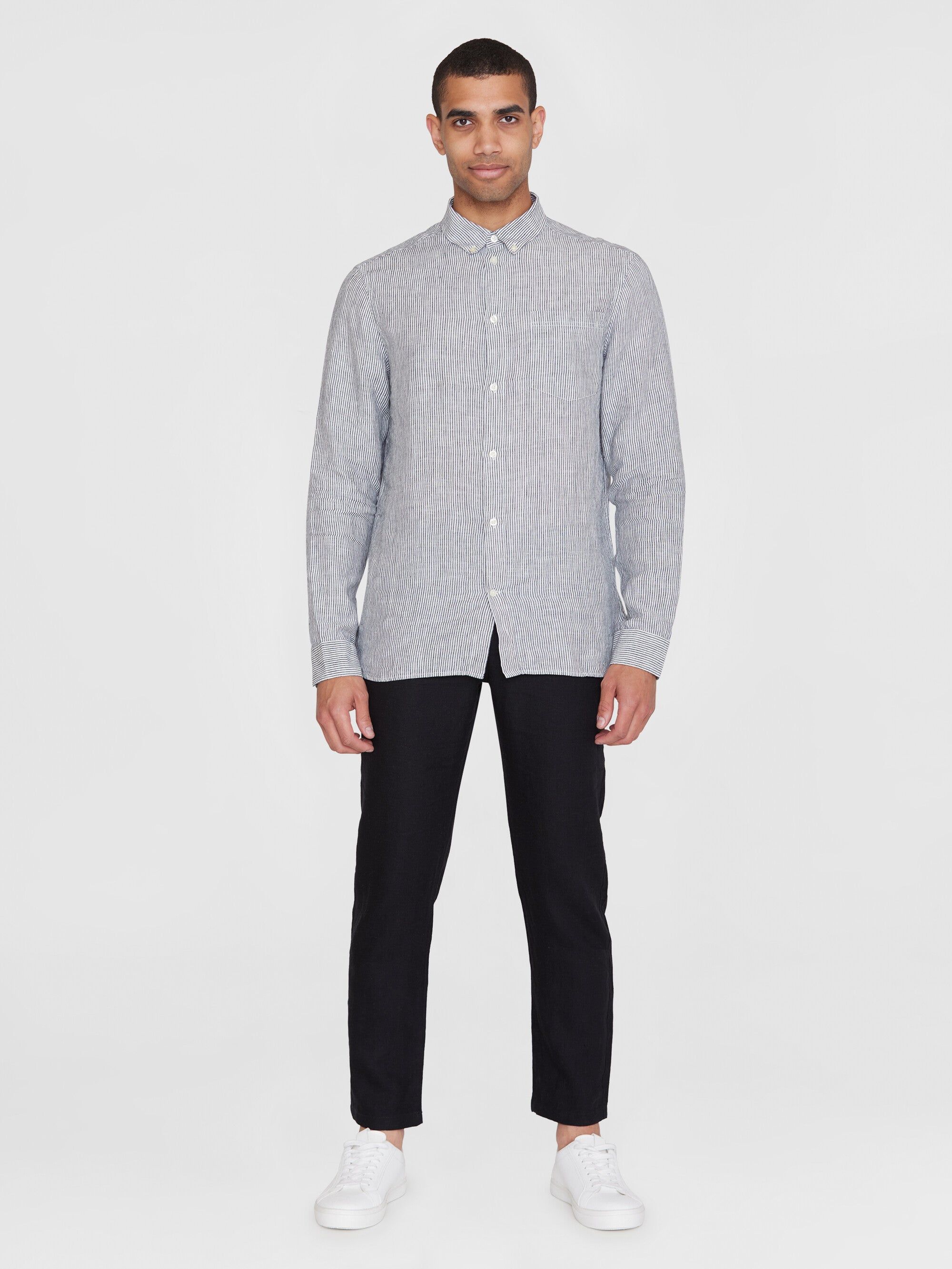 Chemise en lin bio | rayé "regular striped linen shirt total eclipse", Knowledge Cotton Apparel, photo 4