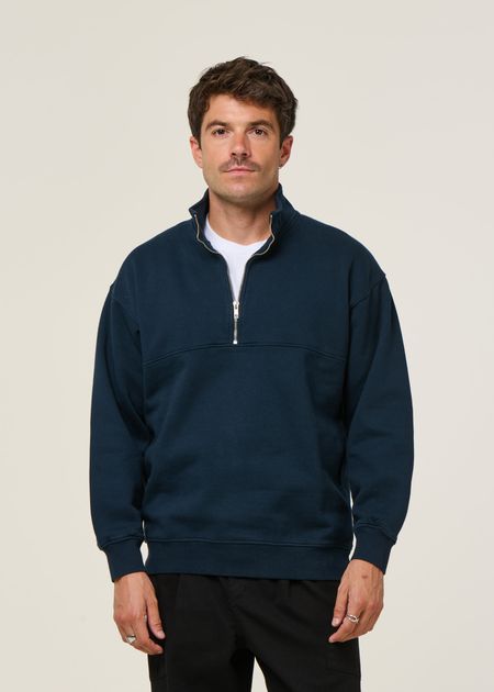 Sweat camionneur col zippé en coton bio | marine "quarter zip navy blue"