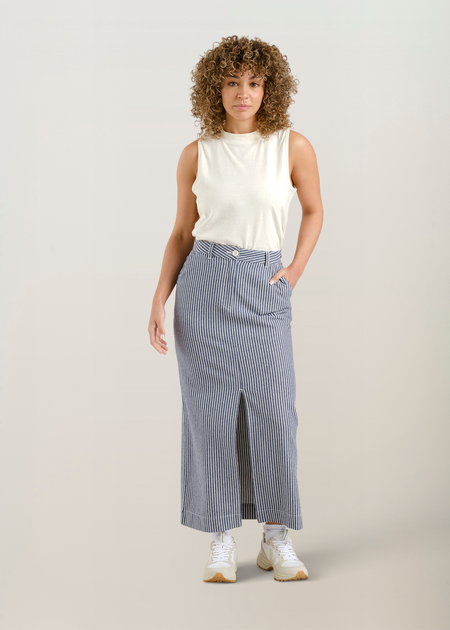Jupe longue denim en coton bio | rayé "Skirt finsta work stripe blue" - Dedicated