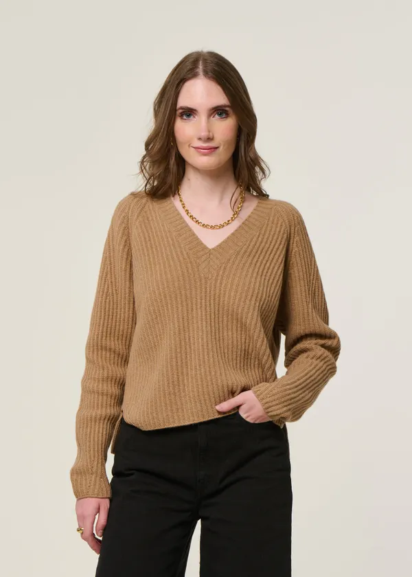 Pull col v en laine recyclée | camel "manon - beige sughero", Rifò