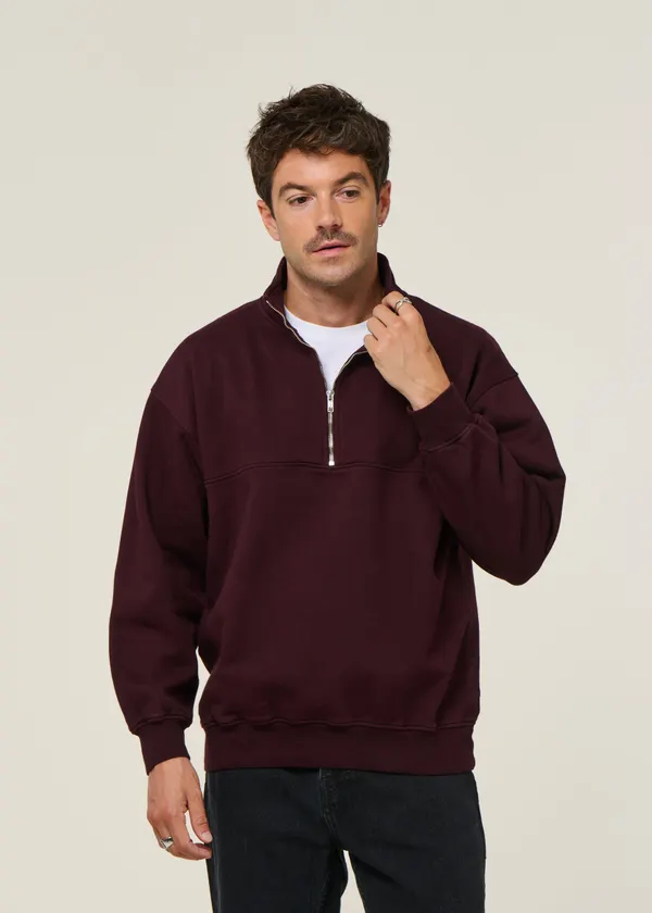 Sweat col zippé en coton bio | bordeaux "quarter zip oxblood red", Colorful Standard
