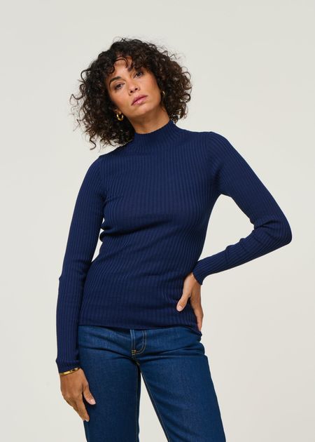 Sous-pull côtelé en coton biologique | bleu "alaania - tinted navy"
