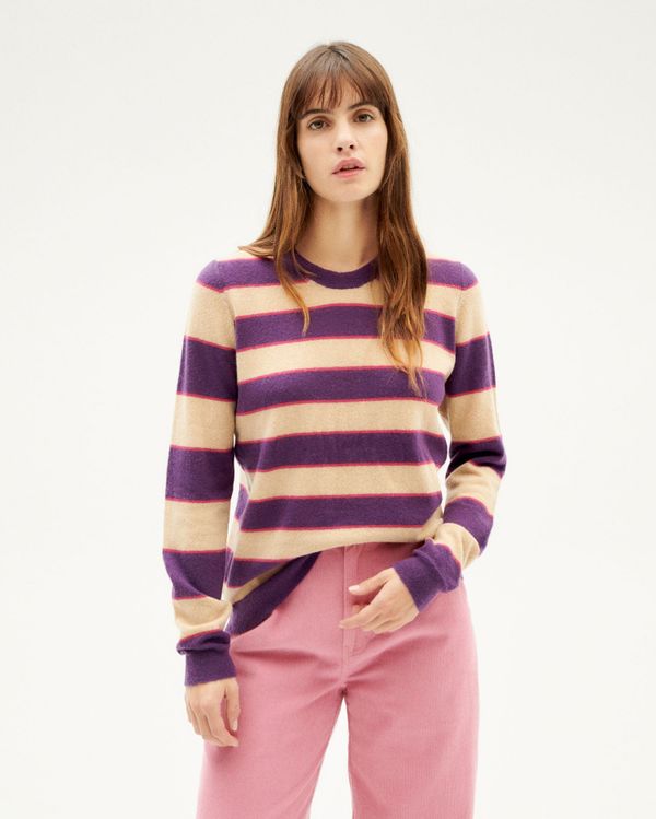 Pull en laine mérinos et matière recyclée | rayé violet "violet stripes zoe knitted sweater", Thinking Mu