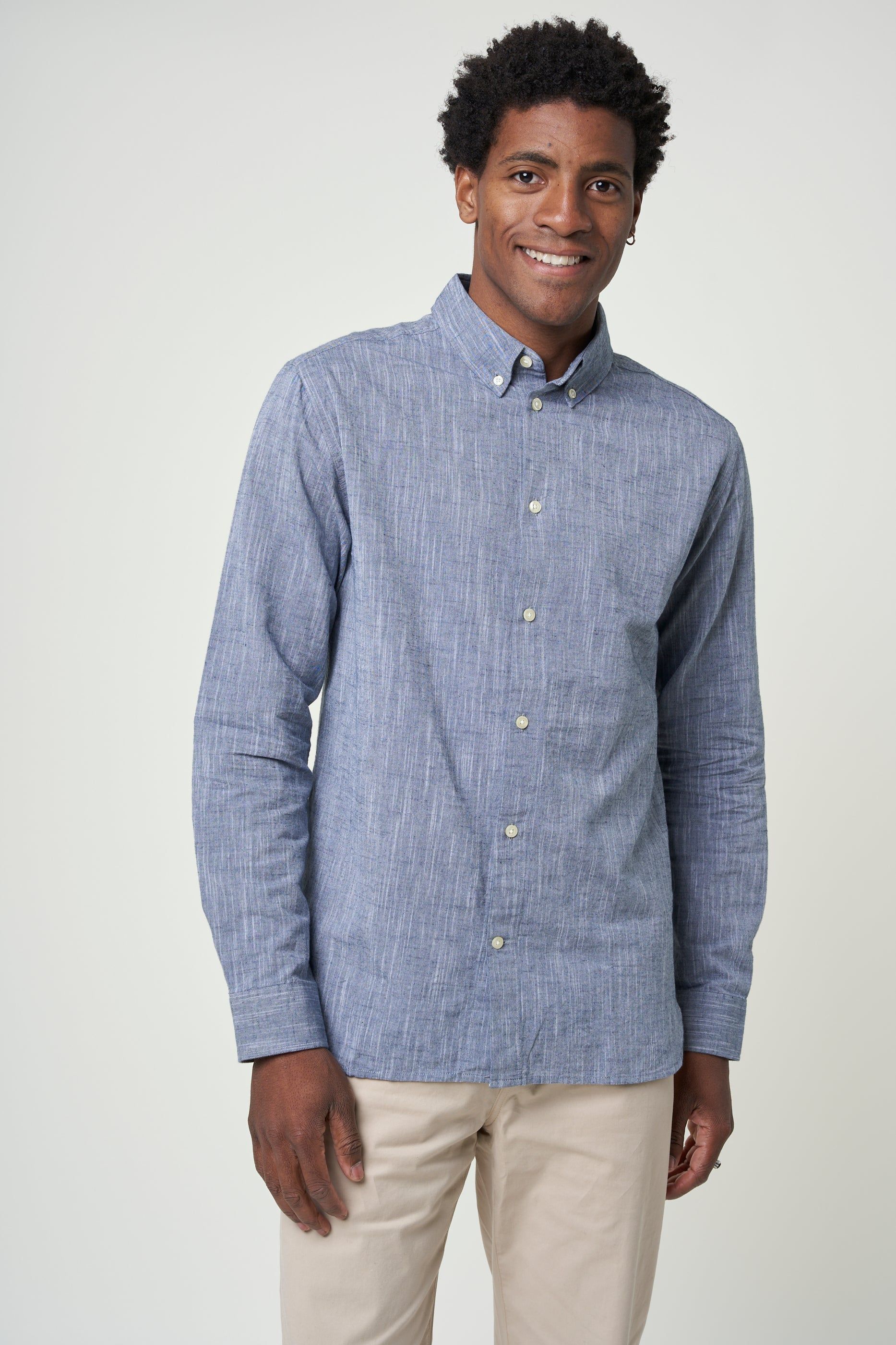Chemise bleu chiné en coton et lin bio - custom fit linen total eclipse, Knowledge Cotton Apparel, photo 1
