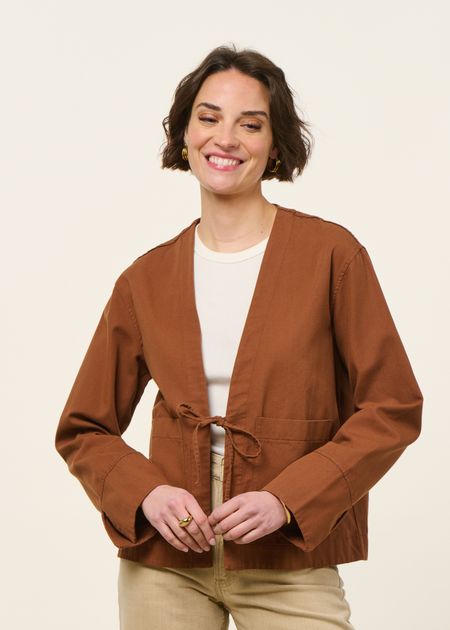 Veste légère en coton bio | marron "Kimono jacket organic cotton - hazel brown" - Rotholz