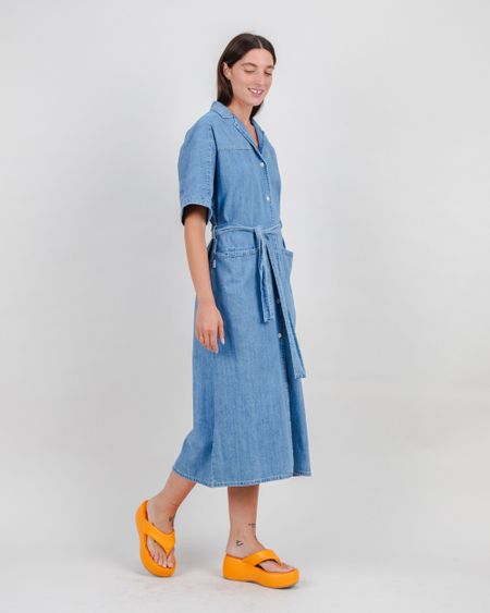 Robe en coton bio | bleu "washed denim shirt dress blue"