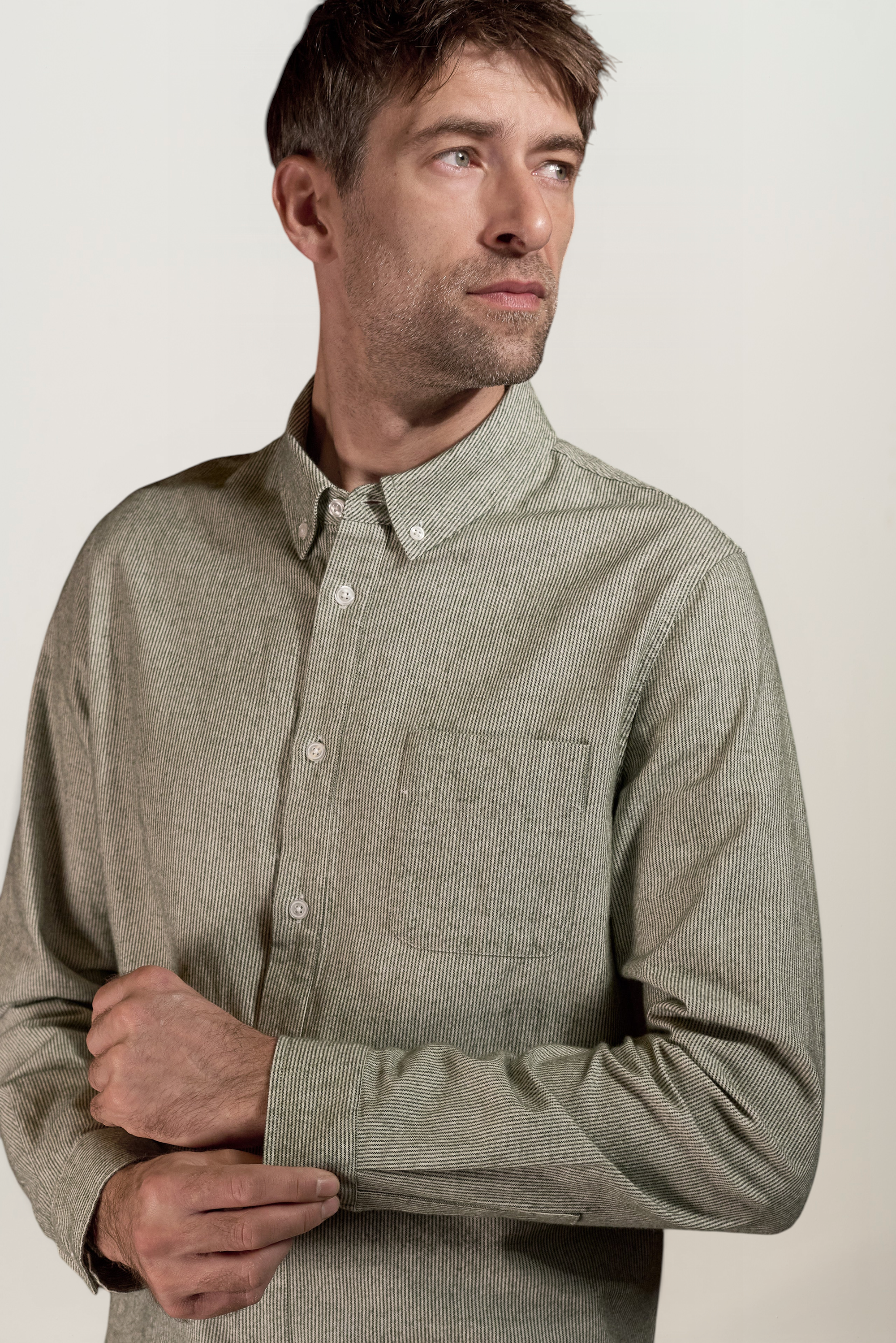 Chemise en coton bio | rayé vert "Ken eco brushed cotton striped green", About Companions, photo 2