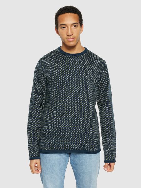 Pull en coton biologique | bleu "jacquard crew neck knit - 9921 blue" - Knowledge Cotton Apparel