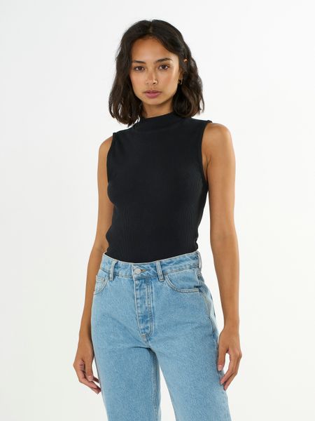Débardeur côtelé noir en coton bio - high neck rib top black jet