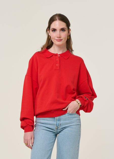 Sweat polo en coton bio | rouge "brava gum polo sweatshirt red"
