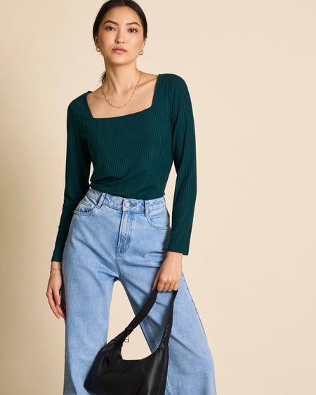 T-shirt manches longues col carré en tencel | vert "fria bottle green"