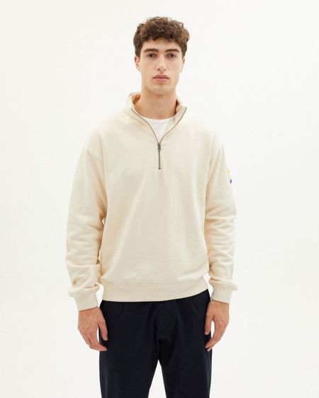 Sweat camionneur blanc cassé col zippé en coton bio - ivory challenger sweatshirt