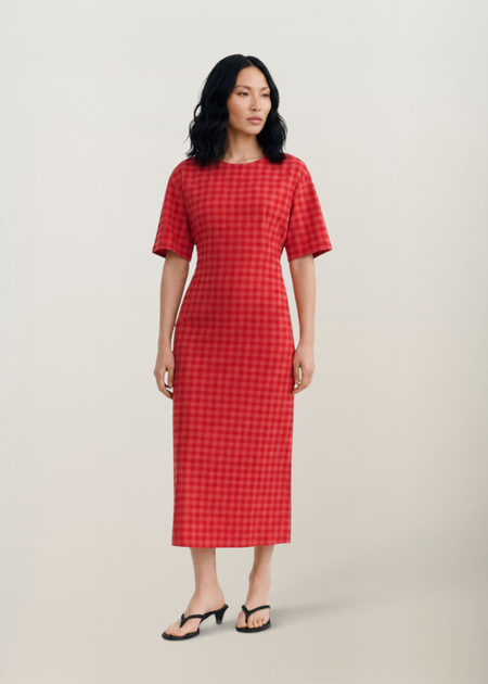 Robe longue seersucker en coton bio | rouge "red checks seersucker kina dress - red" 