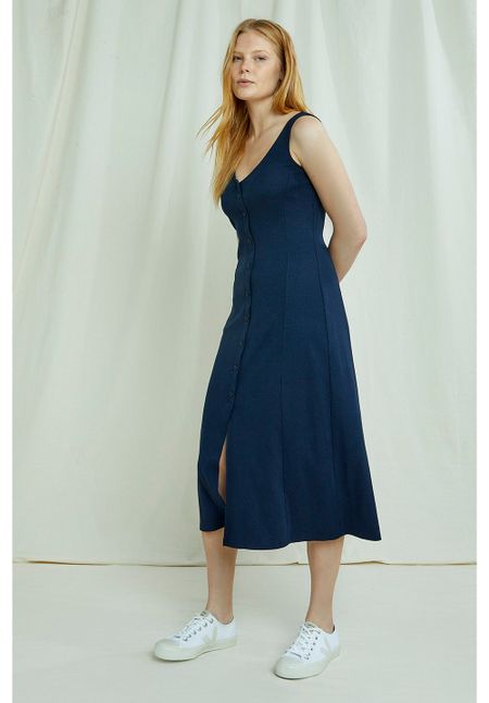 Robe mi-longue boutonnée marine en coton bio - anya, People Tree, photo 3
