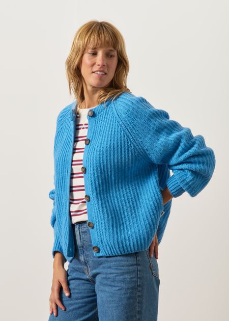 Gilet en laine et coton bio | bleu "rib knit cardigan - skylight" - Armedangels