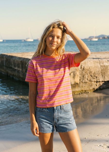 T-shirt boxy en coton bio | rayé rose