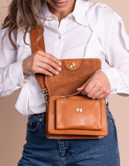 Mini Sac Bandoulière Femme En Cuir - Marque Ortensia, Couleur Cognac - Neuf Avec étiquettes