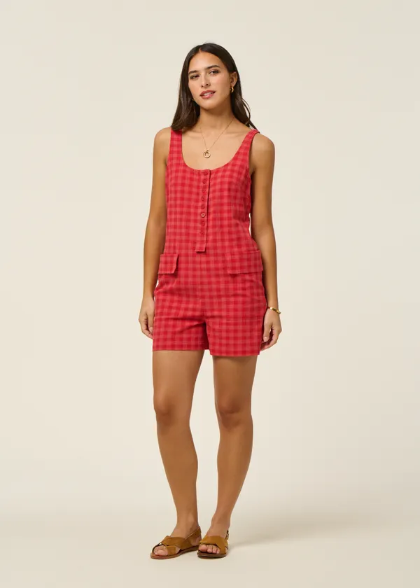 Combishort seersucker en coton bio | vichy rouge rose "red checks seersucker maud jumpsuit", Thinking Mu