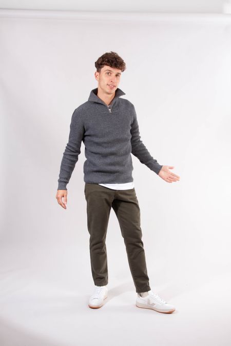 Pull col zippé gris en coton bio et laine bio - valley