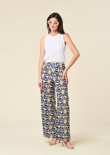 Pantalon ample en coton bio | bleu fleuri "marisol wide leg navy"