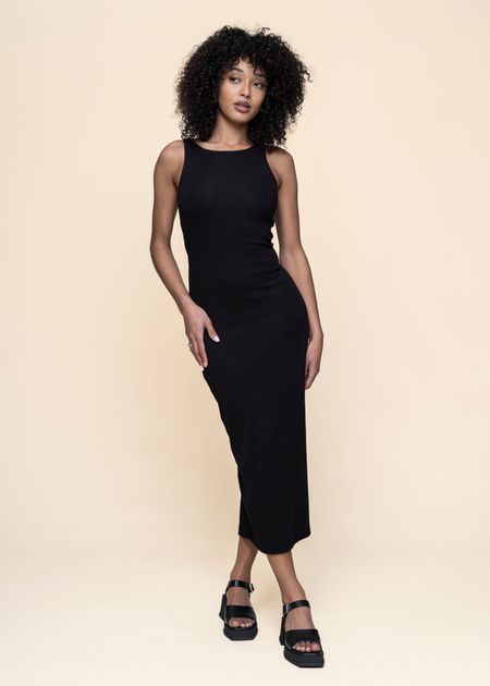 Robe longue côtelée en coton bio | noir "rib dress motala black" - Dedicated