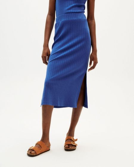 Jupe midi côtelé en ecovero et coton recyclé | bleu "blue trash olivia skirt"