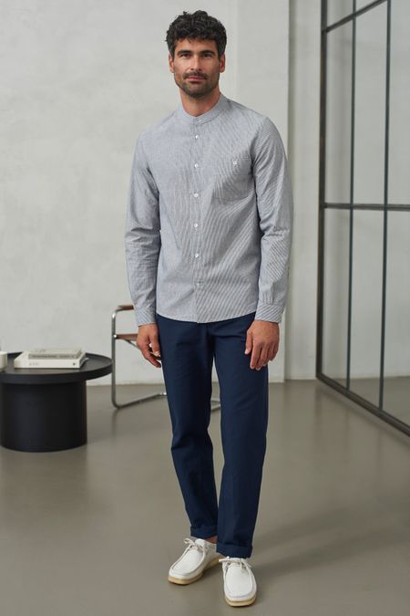 Chemise col officier en coton bio | rayée bleue "nathan eco oxford striped navy", About Companions, photo 3
