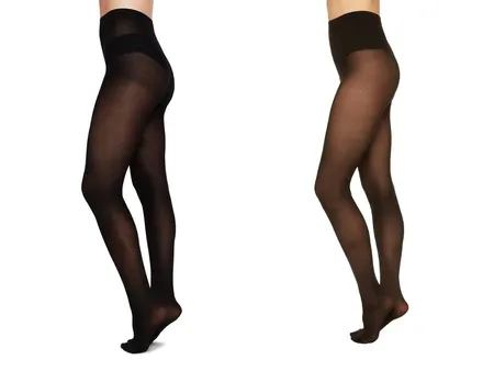 Différence d'opacité sur les collants en coton et en nylon. Collant en coton sur la première photo, collant en nylon sur la deuxième photo.