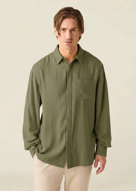 Chemise en coton biologique | verte "Linen-mix shirt vegan - 1068 burned olive" - Knowledge Cotton Apparel
