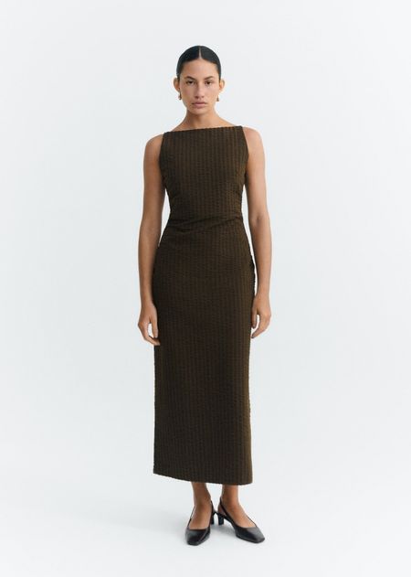 Robe longue cintrée | marron "wood seersucker sunniva dress - brown"
