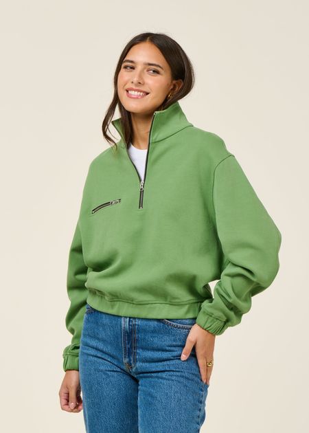 Sweatshirt col zippé en coton bio | vert "ivy pippa sweatshirt" - Thinking Mu