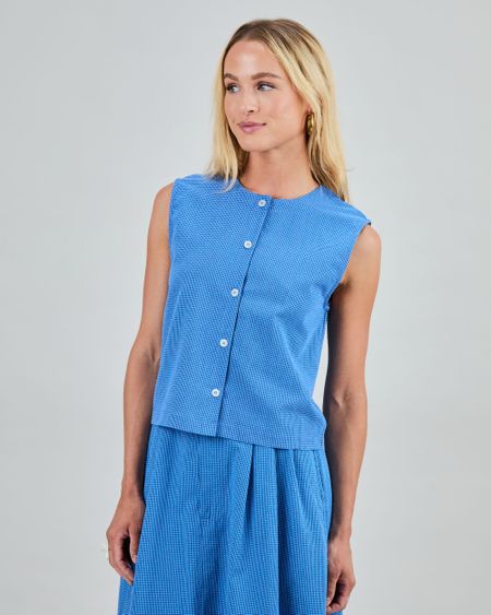 Blouse en coton bio et matières recyclées | bleu "checks button up blouse blue"
