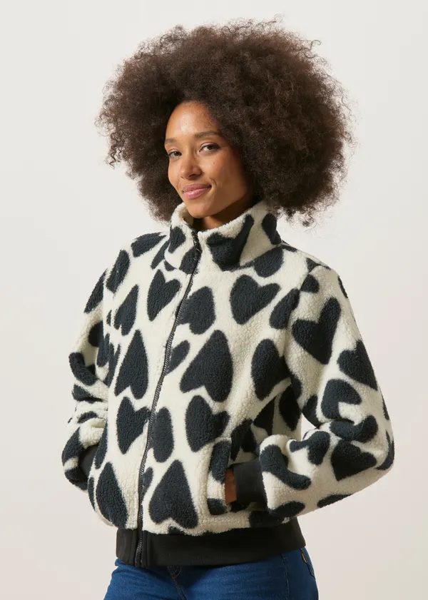 Veste sherpa à motifs en matière recyclée | blanc et noir "Cuddle cat bomber jacket amore - white", Mademoiselle Yéyé