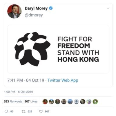 Tweet publié par Daryl Morley, directeur général des Houston Rocket qui a provoqué la polémique